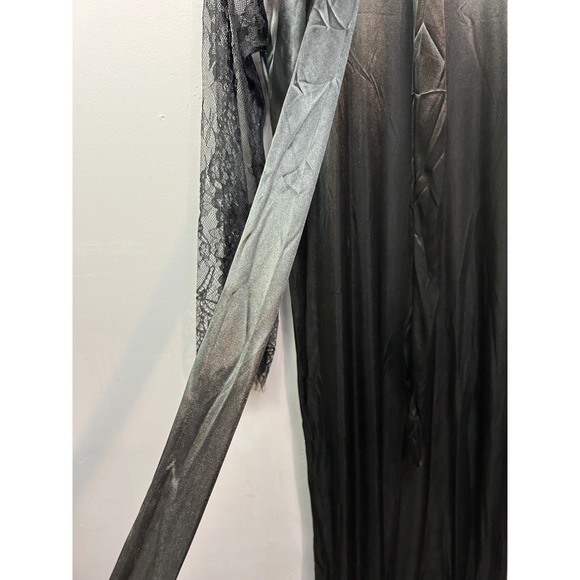 Black Satin Lace Kimono Robe Long Full Sleeve Maxi Duster Womens Large - Picture 7 of 9